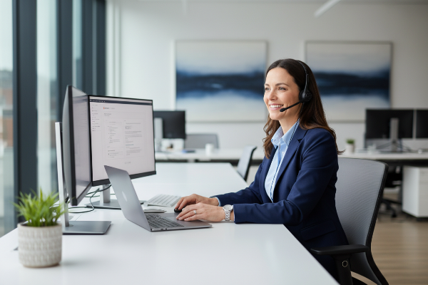 a professional looking business person on the phone as customer service in a clean work environment